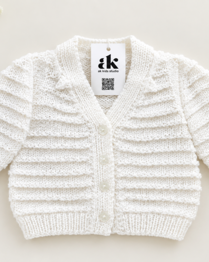 Hand-Knitted White Baby Cardigan – Textured Button Front Sweater