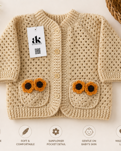 Handmade Beige Crochet Cardigan with Sunflower Pockets for Kids