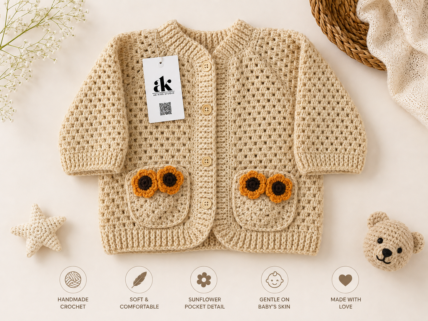 Handmade Beige Crochet Cardigan with Sunflower Pockets for Kids
