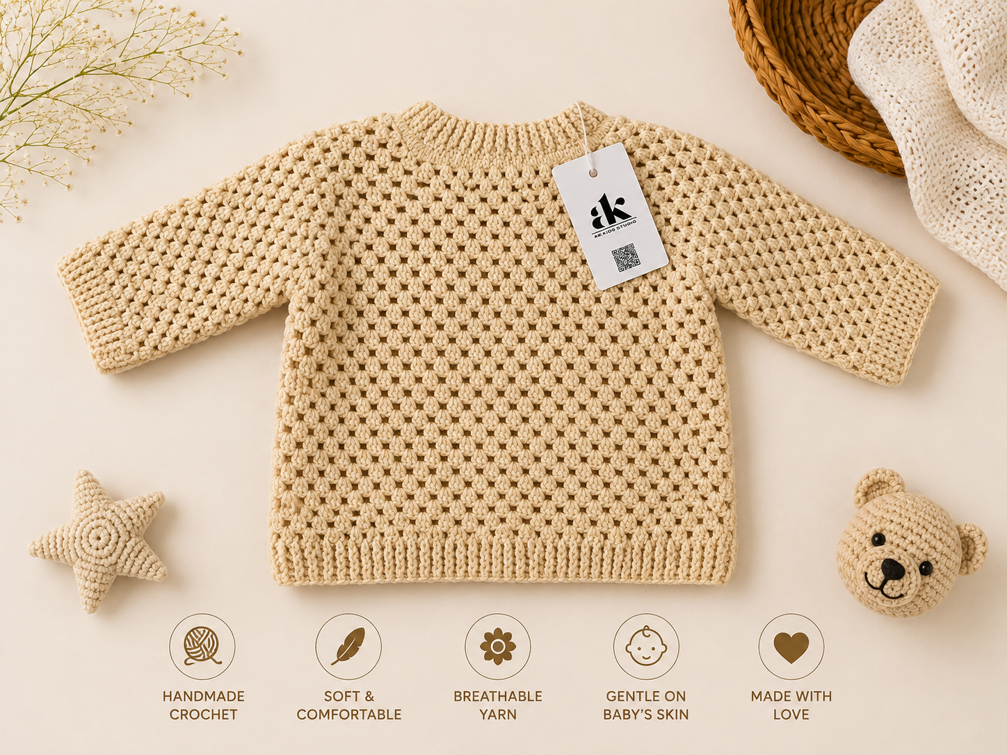 Handmade Beige Crochet Cardigan with Sunflower Pockets for Kids - Image 2
