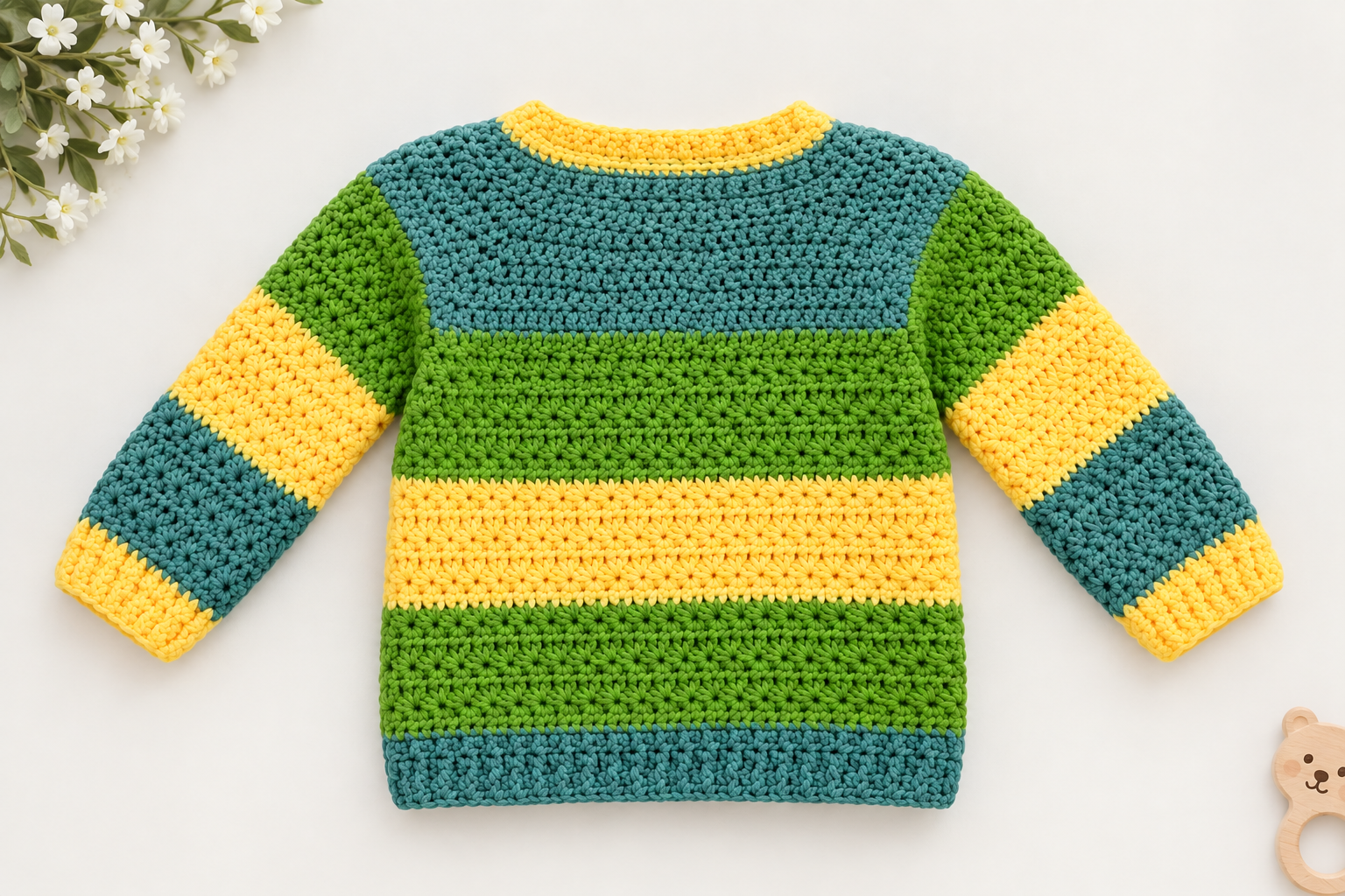Handmade Multicolor Crochet Baby Sweater – Green, Yellow & Blue - Image 2