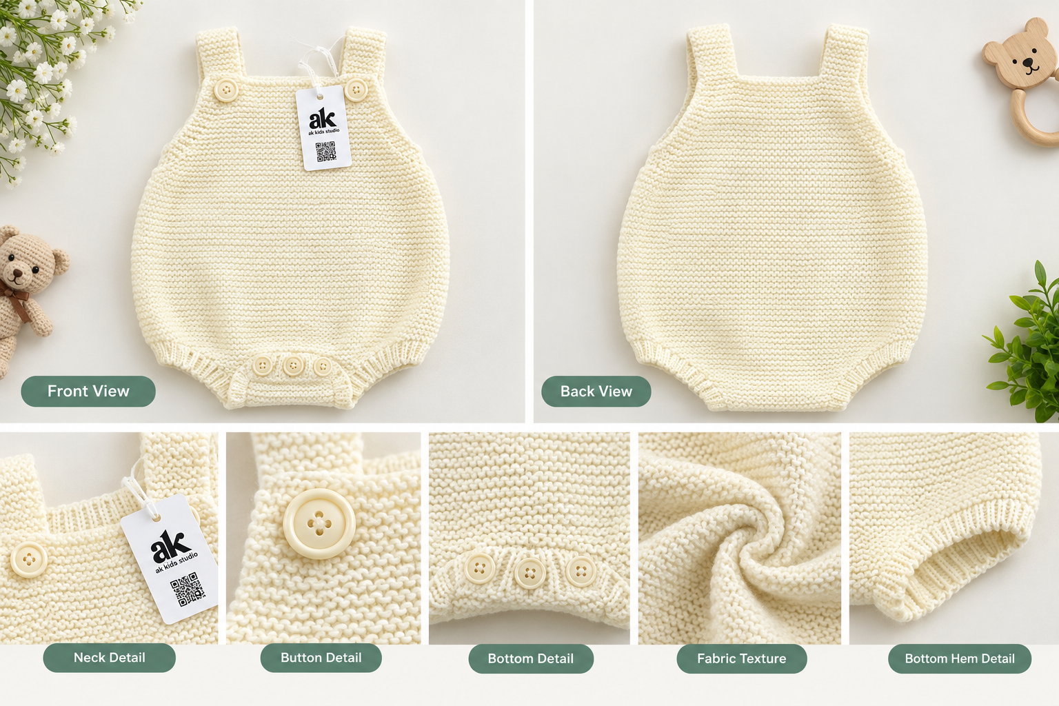 Hand-Knitted Cream Baby Romper – Soft Handmade Knitwear - Image 3