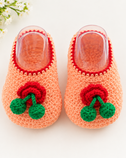 Handmade Crochet Baby Booties – Peach with Cherry Design
