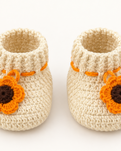Handmade Crochet Baby Booties with Sunflower Detail – Cream & Orange