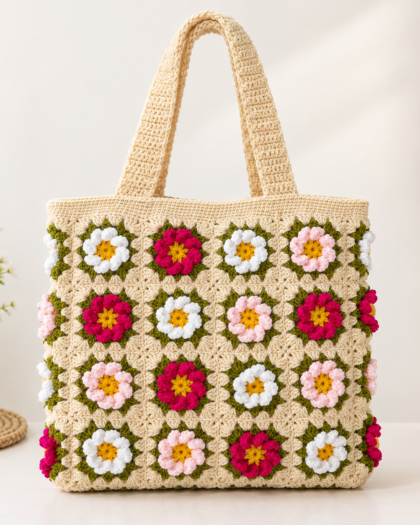 Handmade Crochet Floral Granny Square Tote Bag – Cream & Multicolor