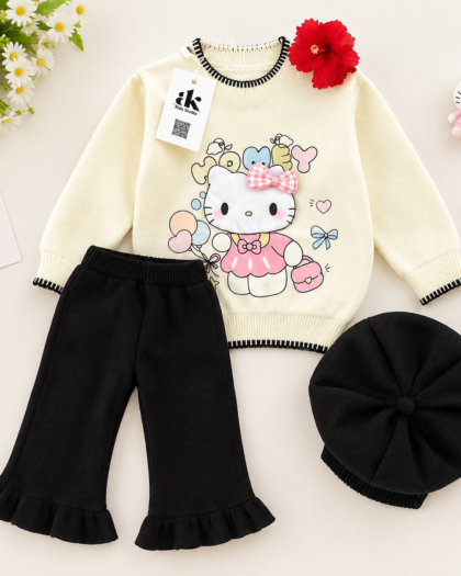 Girls Cream Knit Sweater with Black Pants & Matching Hat – 3 Piece Set
