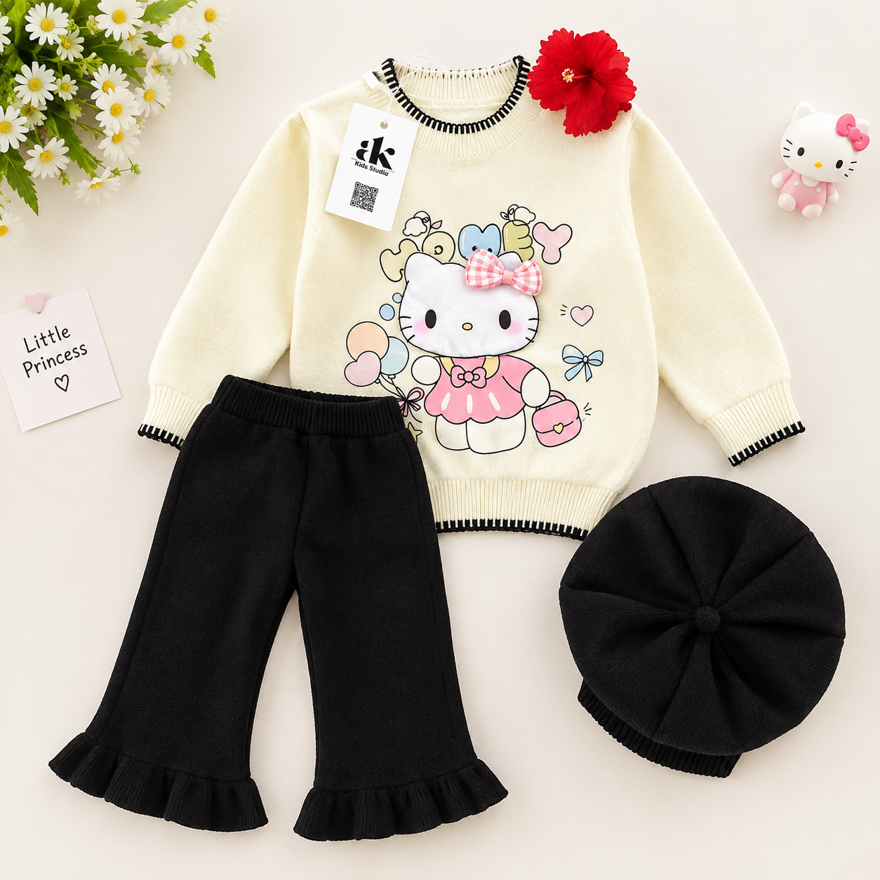 Girls Cream Knit Sweater with Black Pants & Matching Hat – 3 Piece Set