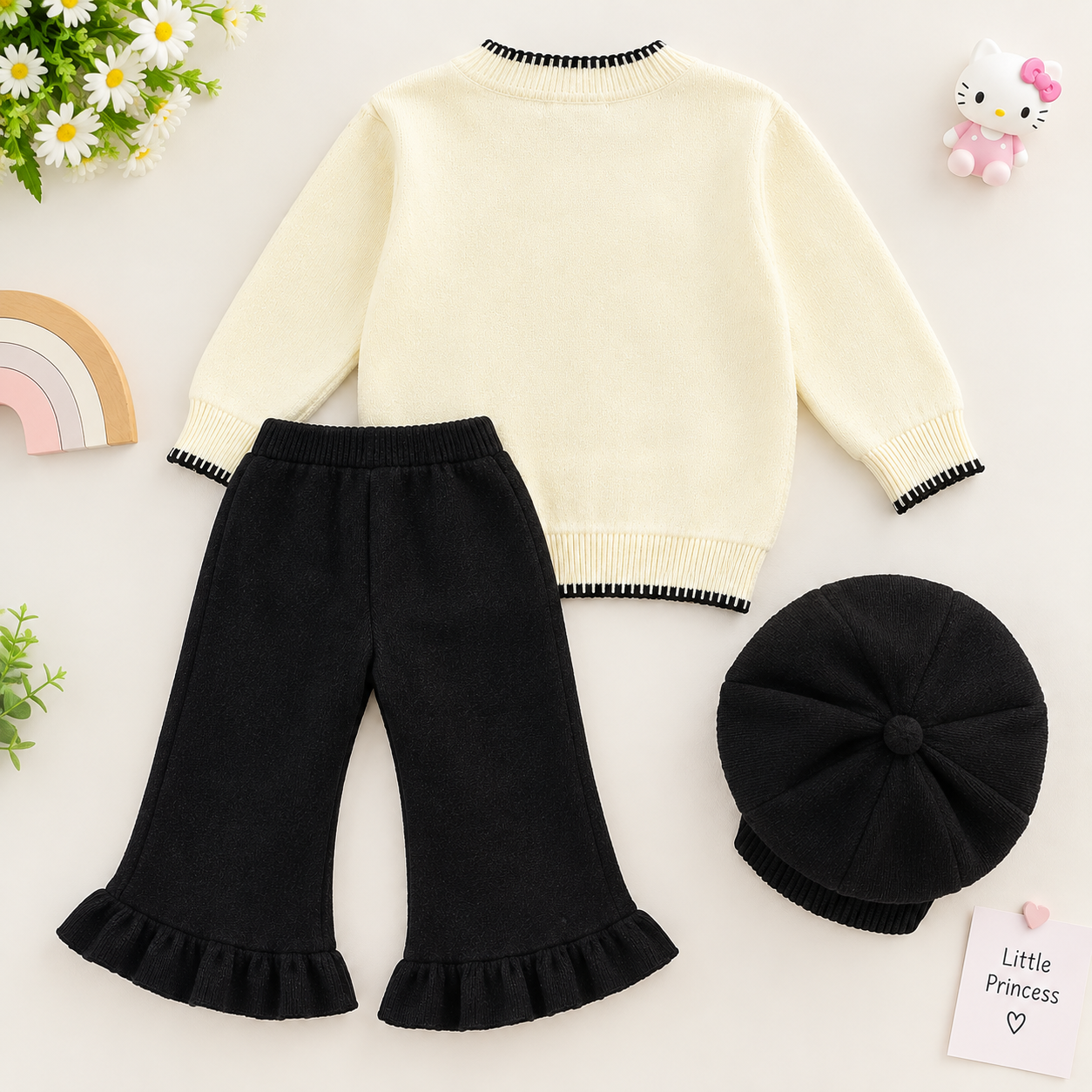 Girls Cream Knit Sweater with Black Pants & Matching Hat – 3 Piece Set - Image 3