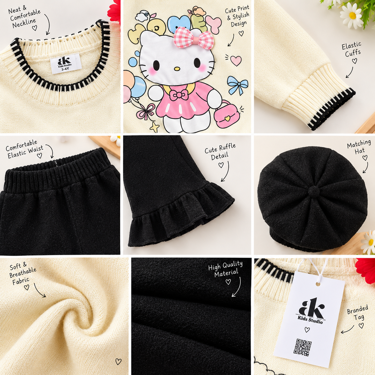 Girls Cream Knit Sweater with Black Pants & Matching Hat – 3 Piece Set - Image 2