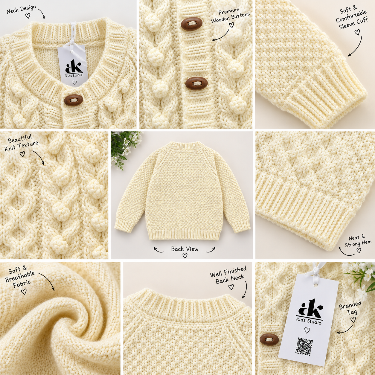 Handmade Cream Cable Knit Baby Cardigan Sweater - Image 3