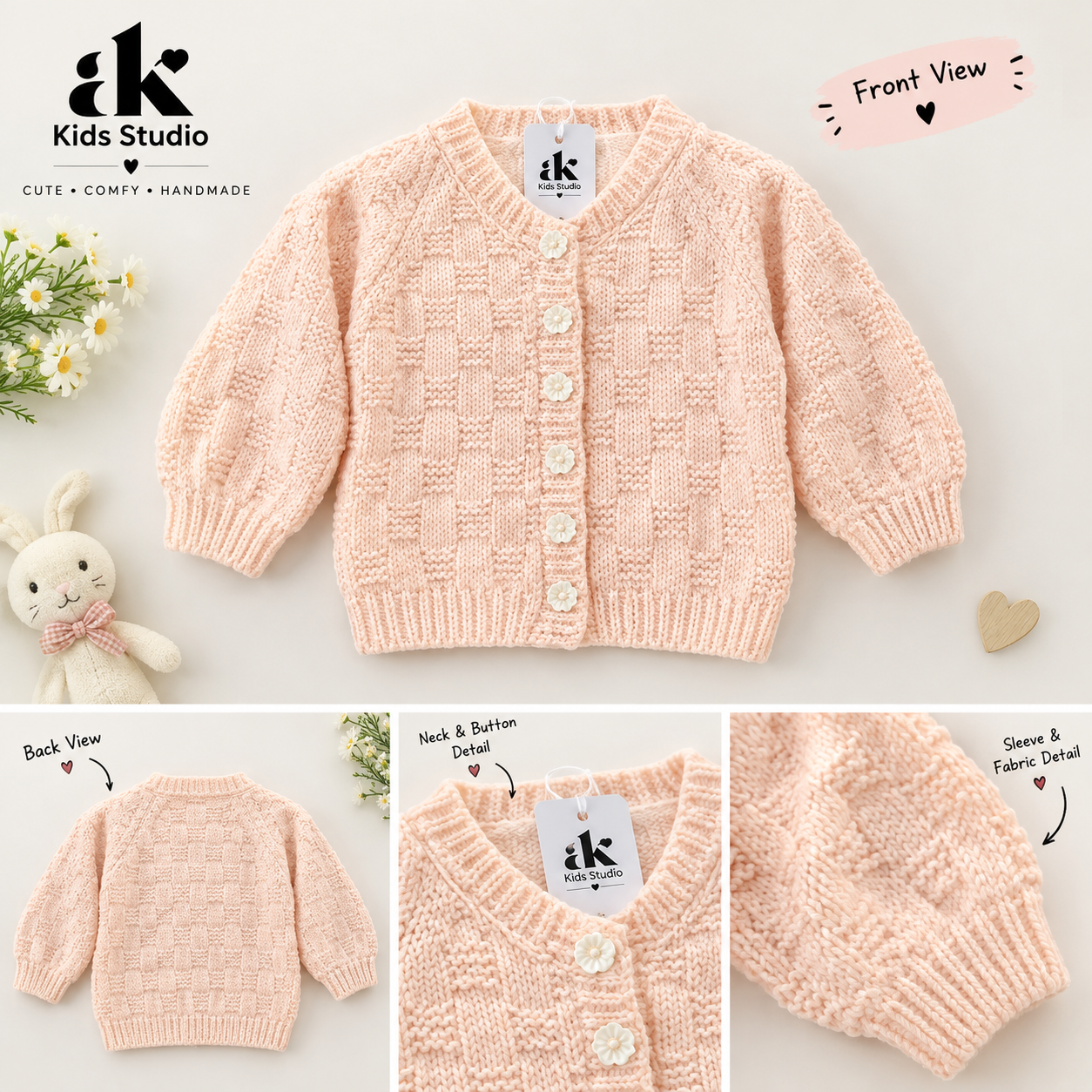 Hand-Knitted Cream Baby Cardigan – Cozy Textured Sweater - Image 3