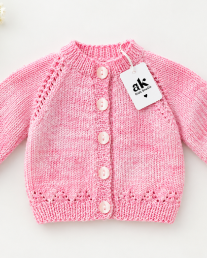 Hand-Knitted Pink Baby Cardigan – Handmade Girls Winter Sweater