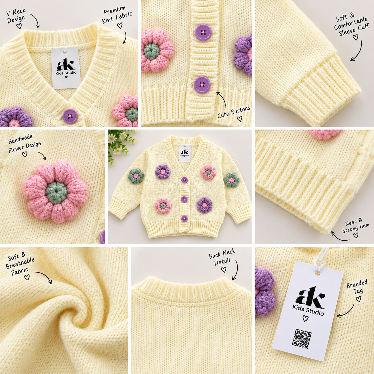 Handmade Knitted Flower Cardigan for Girls – Cream - Image 3