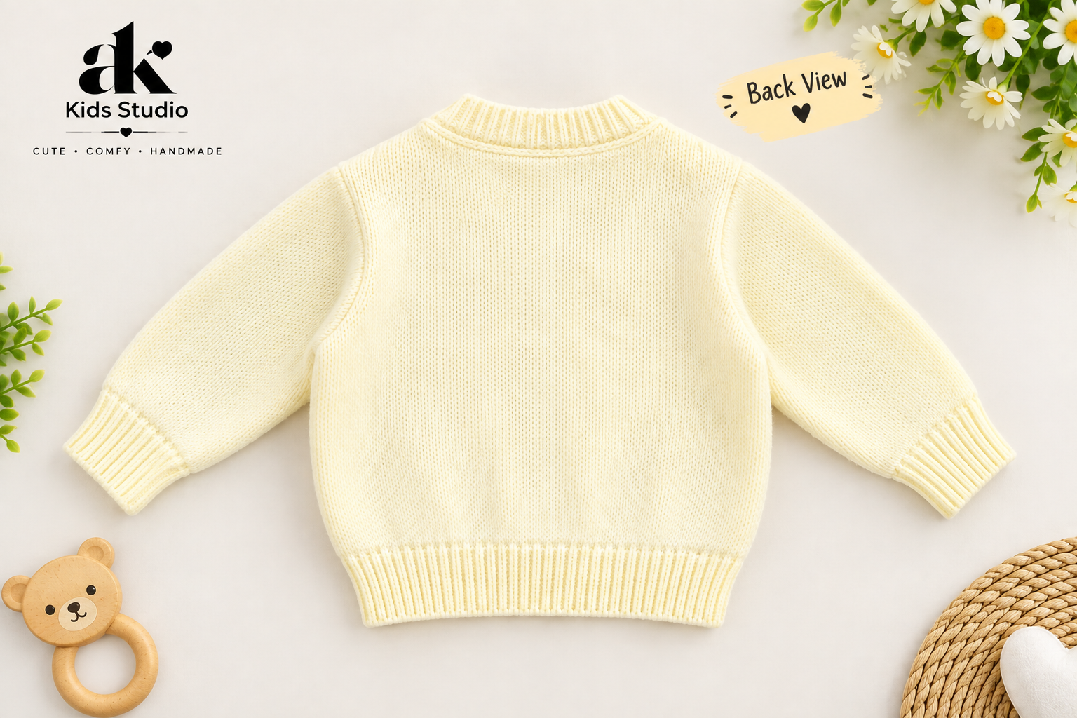 Handmade Knitted Flower Cardigan for Girls – Cream - Image 2