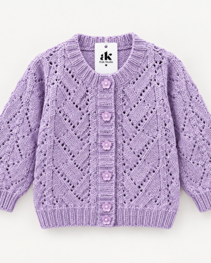 Lavender Hand-Knitted Baby Cardigan – Diamond Pattern