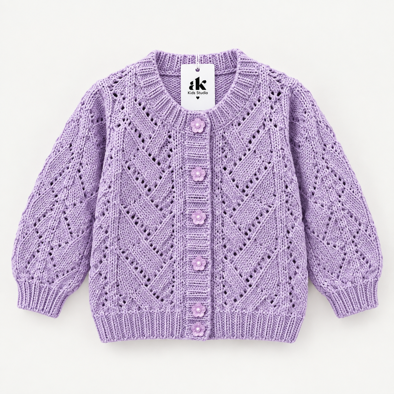 Lavender Hand-Knitted Baby Cardigan – Diamond Pattern