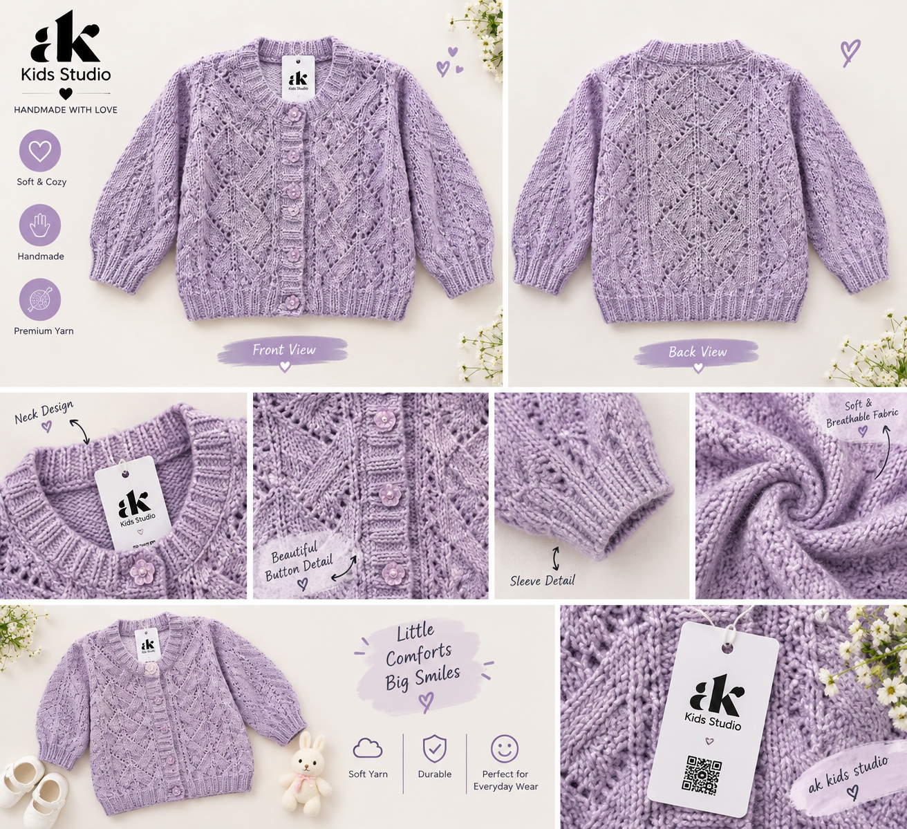 Lavender Hand-Knitted Baby Cardigan – Diamond Pattern - Image 3