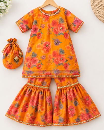 Orange Floral Girls Sharara Dress – Handmade Party Wear