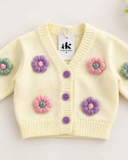 Handmade Knitted Flower Cardigan for Girls – Cream