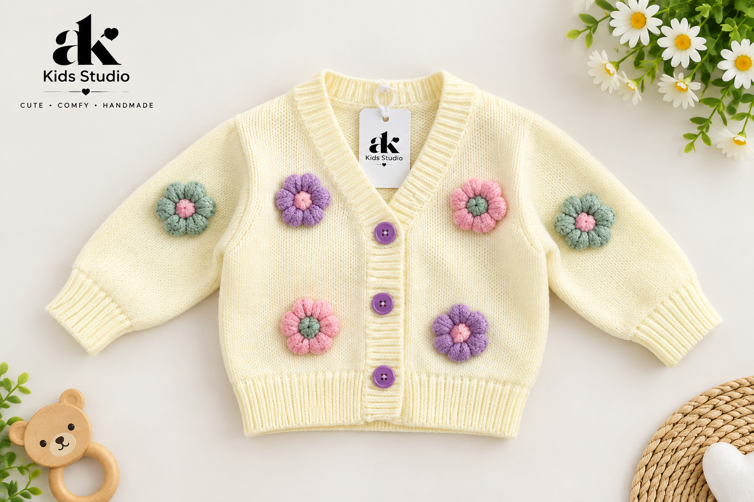 Handmade Knitted Flower Cardigan for Girls – Cream